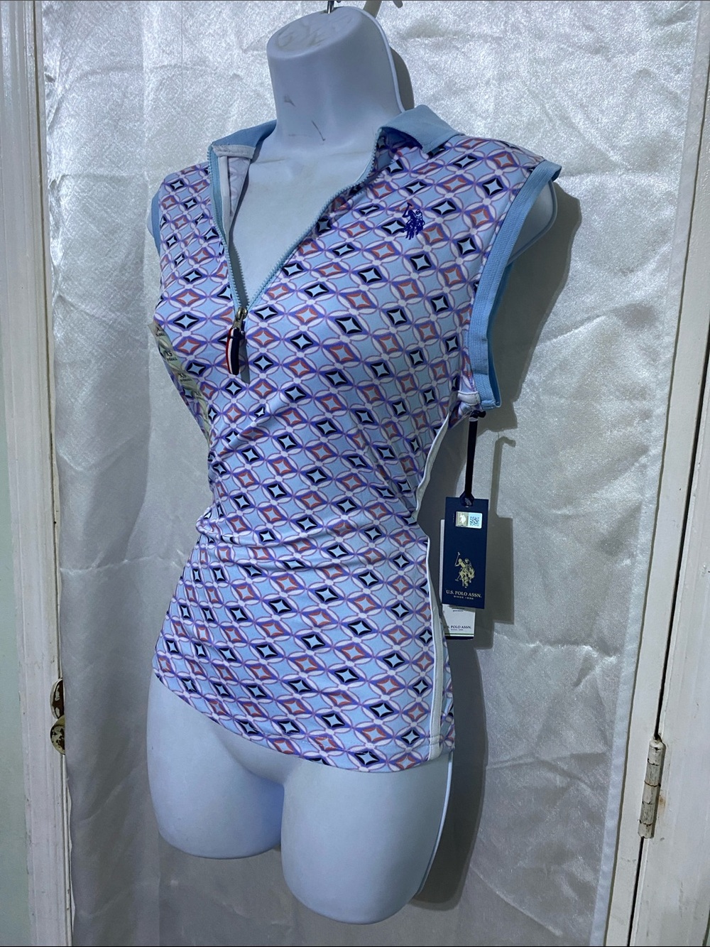 U.S. Polo Assn. Light Blue Geometric Zip-Front One-Piece Sports Top